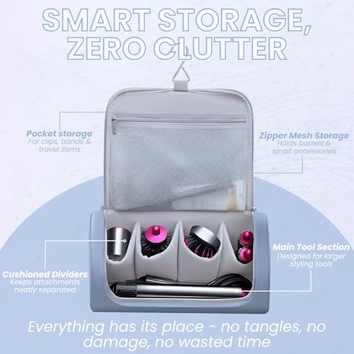 Image of OCEANEVO Travel Pouch for Airwrap Styler WITH Makeup Sponge, Storage Organiser Bag for Airwrap Attachments with Hanging Hook (Bag Only) - 31 x 14 x 16 Cm - Sky Blue - 1 Year Warranty