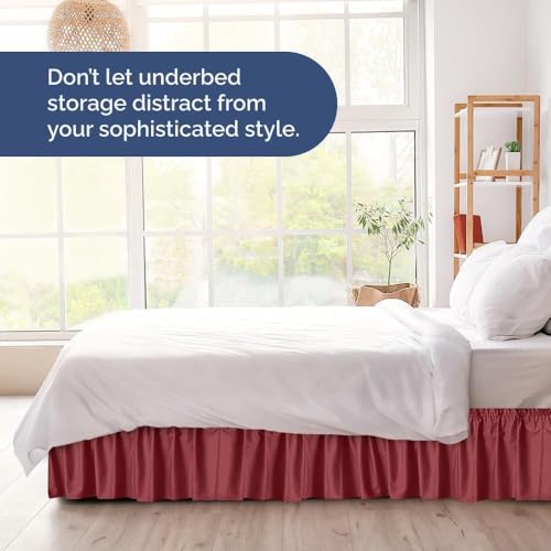 Image of Bed Skirt - Wrap Around Dust Ruffle Bed Frame Cover with Easy Fit Elastic Strap, King Size 18 Inch Drop, Microfiber Pleated, Machine Washable | Burgundy