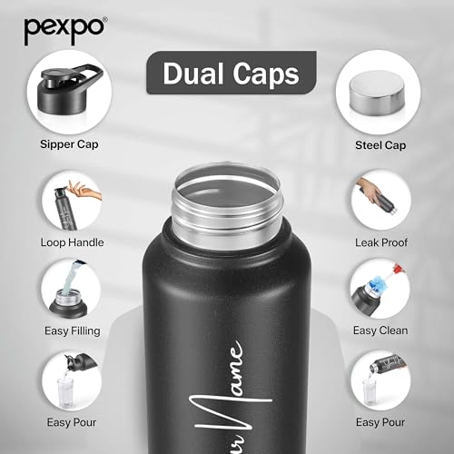 Image of Go24 pexpo Water Bottle 1 ltr Stainless Steel Sports /Fridge Bottle with Dual Cap Customize | Single Wall | For Home, Office, Gym, Travelling | Lightweight | BPA Free | Chromo 950ml |Knight Black