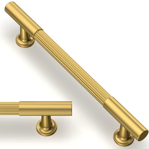 Asimerdeco 10 Pack Vibrant Brushed Moderne Brass Cabinet Pulls 5 Inch(128mm) Heavy-Duty Solid Kitchen Cabinet Handles Cabinet Hardware Drawer Pulls