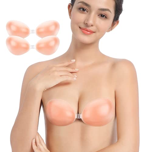 STURME Adhesive Bra, 2 Pack Strapless Invisible Silicone Bra Backless Push Up Sticky Bra for Women Nude