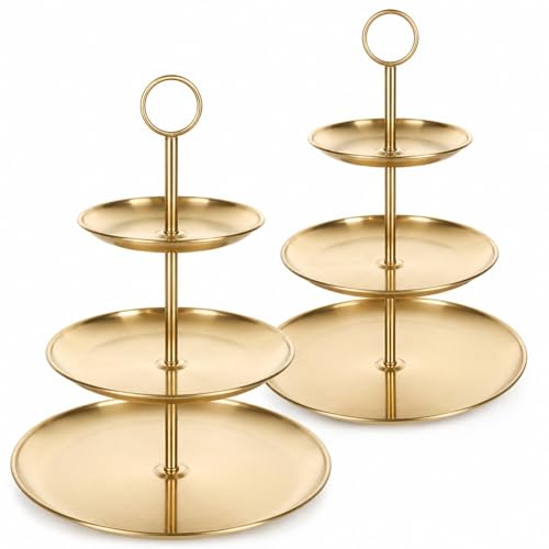 YOUNTHYE 2PCS Gold Cupcake Stand, 3 Tiered Stainless Steel Dessert Stand, Gold Cake Stand Display Trays for Wedding, Birthday, Tea Party, Holiday Dessert Table Decorations