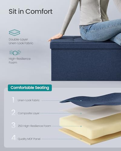 Image of SONGMICS MAZIE Collection - 43 Inches Folding Storage Ottoman Bench, Ottoman Foot Rest, End of Bed Bench, Storage Chest, Load 660 lb, for Living Room, Bedroom, Entryway, Midnight Blue ULSF77IN
