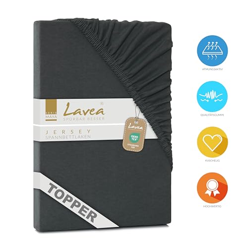 Lavea Topper Spannbettlaken Serie Maya, Baumwolltopper 180x200cm, hochwertig Anthrazit | Oeko-Tex Standard 100, Gummizug