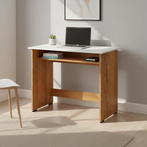 Image of Amazon Brand - Solimo Study Table with Under-Desk Storage Shelf | Desktop Computer Table for PC, Laptop, Study, Drawing & Gaming | Office Furniture for Home Office | 80x45x76.5 cm | Teak & White