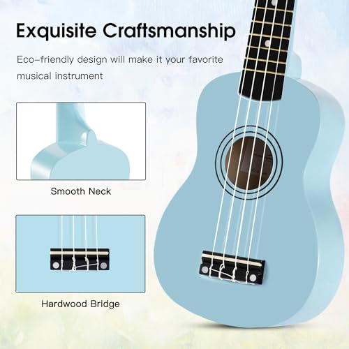 Image of ADM Ukulele for Beginners Hawaiian Wood Ukelele Kit for Kids Adult Student Starter Professional Ukalelee Pack Bundle with Free Lessons Gig Bag Strap Nylon String Tuner (Blue, 21 Inch)