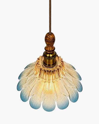 Image of Homesake Botanica Pendant Lamp | Petal Scalloped Glass Hanging Light with Solid Wood Top | Vintage European Ceiling Fixture, Pendant Light for Home Decor, Hallway, Kitchen & Balcony, (Petal, Blue)