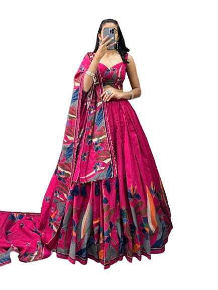 SD CollectionRani Pink Floral Lehenga Choli with Foil Print & Gotta Patti Dupatta