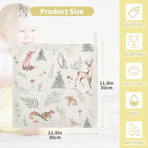 Image of vvfelixl Watercolor Forest Animals Baby Burp Cloths Baby Muslin Washcloths for Boys Girls Cotton Baby Face Towel for Newborn Infants Soft and Absorbent 11.8 X 11.8 in, 5 Pack