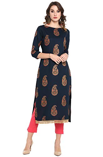 Janasya Indian Women s Navy Blue Pure Cotton Kurta With Pant(SET147-KR-NP-XXL)