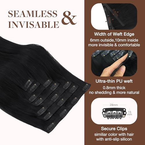 Image of GOO GOO Clip in Hair Extensions Real Human Hair, Remy Human Hair Extensions Clip ins for Women, Natural Human Hair, 24inch 160g 7Pcs, 1 Jet black