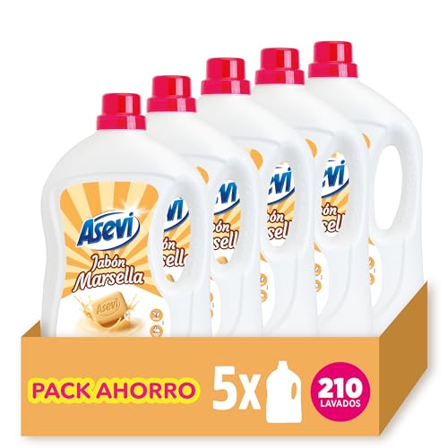 Asevi Detergente Líquido para Lavadora Marsella - Detergente para Ropa Blanca y de Color con Fórmula Concentrada - Jabón Natural de Marsella para una Ropa Limpia y Cuidada - Pack 5-210 Lavados
