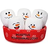 Vertintong Positive Snowman Marshmallows Doll Valentine's Day Basket Stuffers Gifts for Her/him Cuddly Stuffed Marshmallows for Ones of All Ages Winter Party Includes 5 Plushies with Carrying Basket