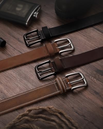 Image of CHAOREN Mens Belts Casual for Jeans - Full-Grain Leather, Durable Cowhide | Solid Buckle, Classic Style, Handmade, Daily Wear, Gift Box