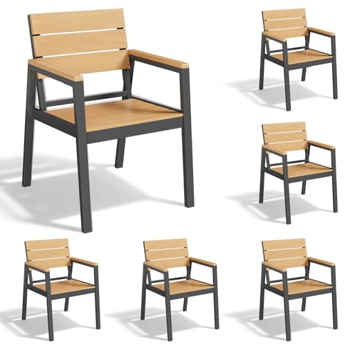 Devoko Chaises de Jardin Lot de 6, HDPS Chaises d'Extérieur en Aluminium Résistantes Imperméables avec Finition à Veine de Bois, Assise de Taille...