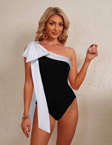 FLAXMAKER One Shoulder Black and White Big Bow Tie Color Block One Piece Vacation Beach Swimsuit and Skirt3