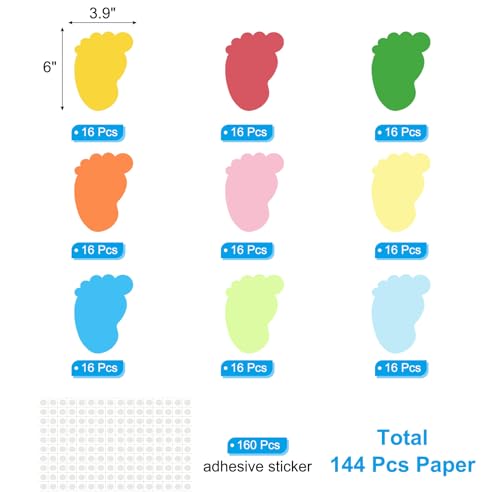 PATIKIL Fußabdruck-Ausschnitte, 144er Pack Papierfüße, Bunte Fuß-Ausschnitte für Klassenzimmerdekoration DIY-Bastelprojekt