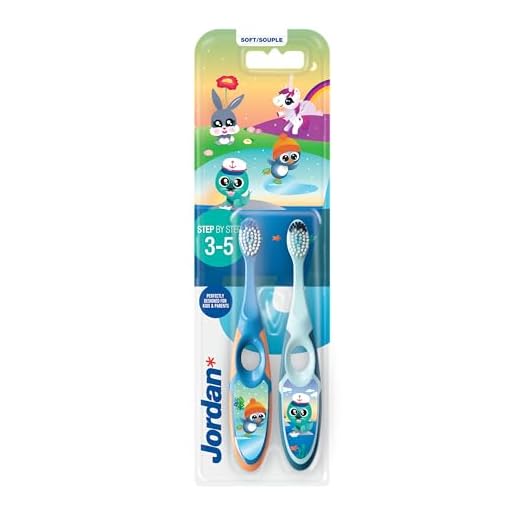 Jordan ® | Step 2 | Cepillo de dientes para niños de 3 a 5 años | Cerdas blandas, mango doble ergonómico y libre de BPA | Color azul | Pack 2 unidades