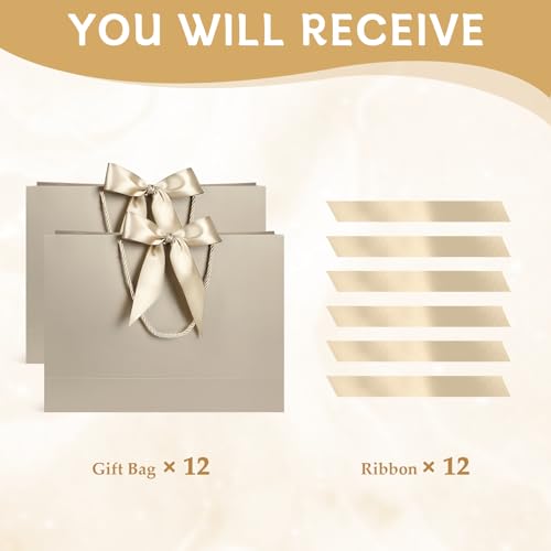 Image of JMANNI 12 Pcs Wedding Paper Gift Bags with Handle,13 inch Medium Thank You Gifts Bags with Ribbon Bow Bridal Shower Gifts for Baby Shower Graduation Holiday Birthday Party Supplies Mothers Day(Champagne)