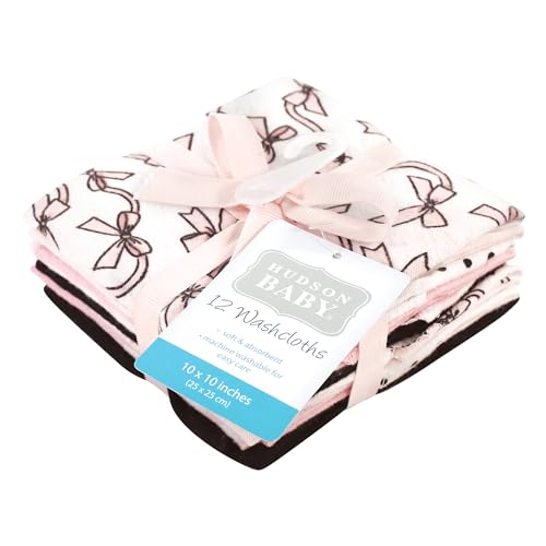 Image of Hudson Baby Unisex Baby Flannel Cotton Poly Washcloths, Pink Bows 12 Pack, One Size