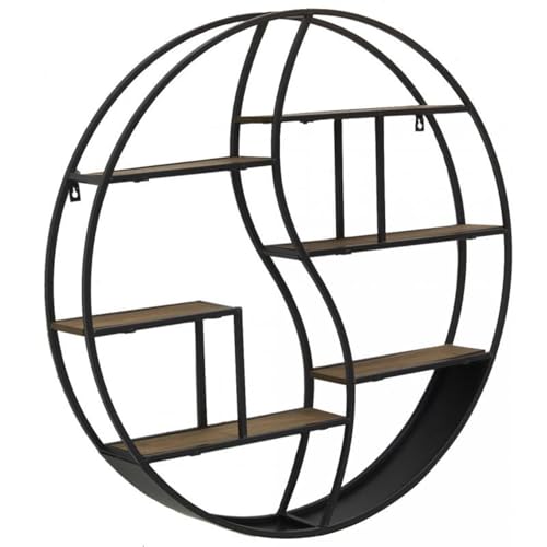 AUBRY GASPARD - Étagère Murale Ronde Métal et Bois Médium - 6 Étagères - Ø 80 cm x Profondeur 12 cm - Noir Naturel - Livrée Montée - Poids 6 kg - Idéale...