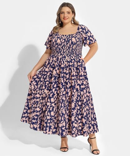 Image of RITERA Plus Size Dresses for Curvy Women Square Neck Short Sleeve Summer Floral Smocked Maxi Dress with Pocket XL-5XL