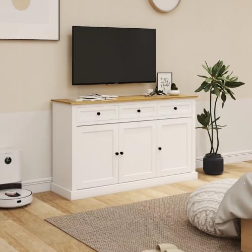 Farmhouse Style Buffet Cabinet, 3 Drawers, 3 Doors, Adjustable Shelves, White