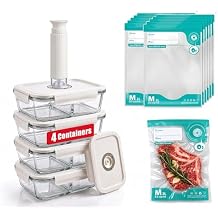 Glass Vacuum Food Storage Containers Set, 4 Pack 21 Oz 2-Compartment Meal Prep Bento Boxes with Handheld Vacuum Pump & 10 Reusable Sealer Bags for Kitchen Organization, Oven/Microwave Safe