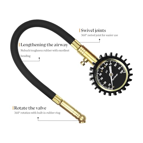 Image of HZEL Car Tire Pressure Gauge (0-100 PSI), Vehicle Air Pressure Gauge Accurate with Large Dial, Automotive Exterior Tyre Stress Gauging Accessories, Universal for Motorcycle Sedan Truck (Gold)