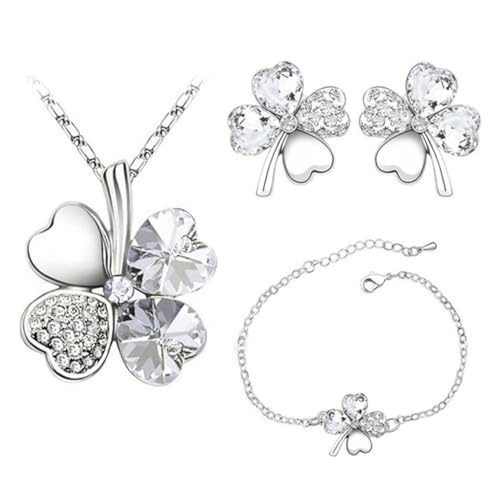Auriselle Femme Ensemble de Bijoux Heureux Trèfle à Quatre Feuilles Strass Boucles D'oreilles Collier Bracelet 3 Pièces Bijoux Femmes avec Zirconium Cubique...