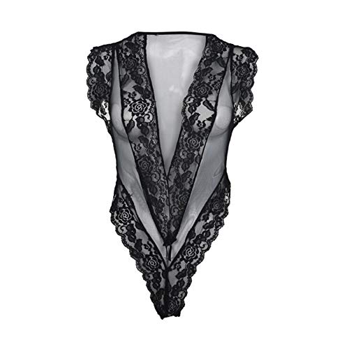 JINGGEGE Femmes Sexy Dentelle Floral Lingerie Body Kindwear sous-vêtements G-String Deep Col V-Vêtements de Nuit Costume (Color : Le Noir, Size : XL)
