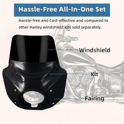 Image of Motorcycle Fairing Windshield Kit, 5.75 inch Headlight Fairings 48-58mm Forks 15 inch Dark Gray Windscreen with Extension for Harley 2006-2017 Dyna Low Rider FXDL Super Glide Street Bob FXDB