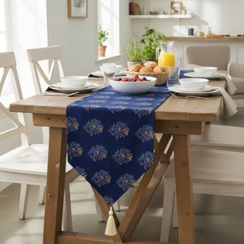 Image of COZY FURNISH Floral Printed Microfiber Cotton Table Runner for 6 Seater Dining Table & Runner with Tassels - 13x72 Inches Decorative Home Kitchen Table Linen