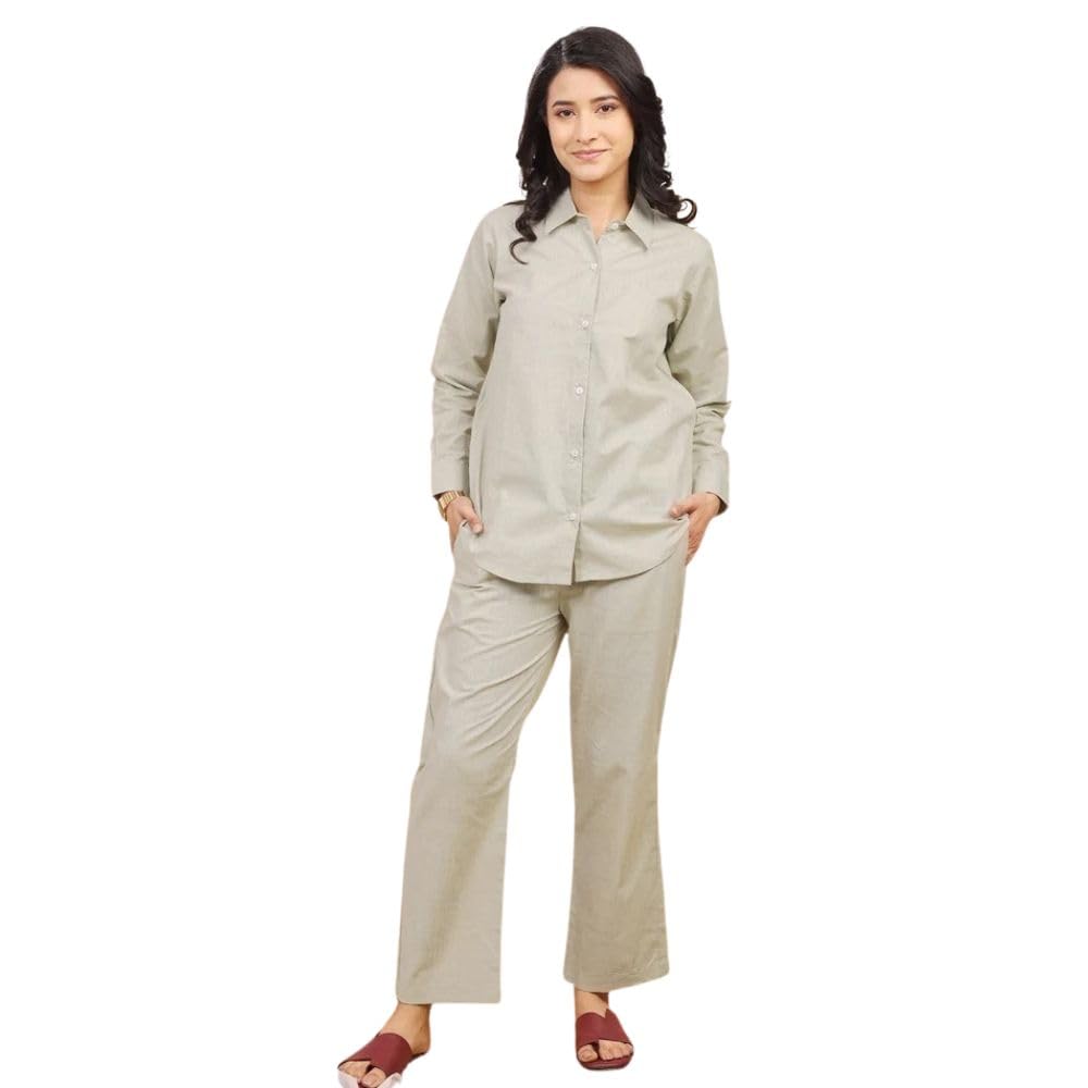 WOMEN Sage Green Collared Cotton Formal Co-Ord Set-picture-56