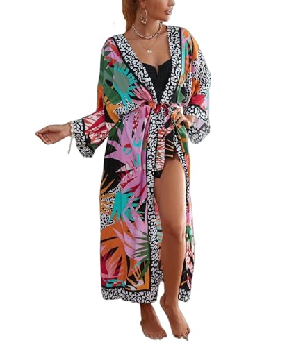 Image of Women's Kimono Cover Up Long Beach Dress Swimsuit Cover Ups Colorful Cardigan Lightweight Robe for Swimwear