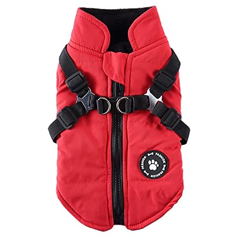 JstDoit Dog Coat Jacket with Harness for Puppy Small Medium Dogs, Waterproof and Warm Dog Winter Clothes Dog Sport Vest for Yorkies Chihuahua French Bulldog (XS, Red) Cover