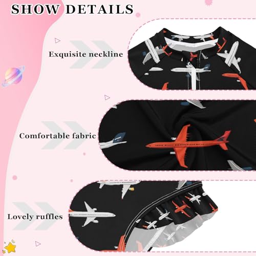 ALAZA Airplane Black Girls One Piece Swimsuit Long Sleeve Rashguard Swimsuit UV 50+ Swimwear Zip4