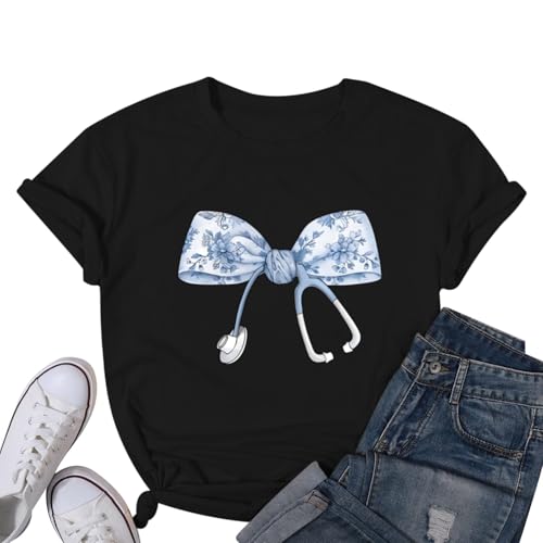 KIEKIECOO Nurse Shirts for Women Funny Bow Stethoscope Graphic Tees Floral Boho Nurse Life Tshirt Nurses Day Gift Summer Tops(Black,2XL)