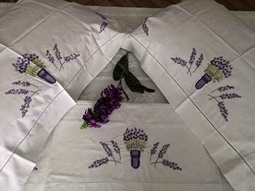 Preciosa Sábana de Algodón Percal 100 % con Bordado de Lavanda en Punto Completo a Mano, Ropa Cama