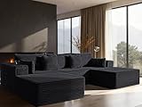 VYUXWO 108' Cloud Sectional Couch, Comfort U Shaped Sofa for Living Room, Extra Deep Seats No Assembly, Minimalist Modular Couch, Corduroy (Black, 2 Seater+Left Facing Chaise+Ottoman)