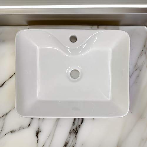Image of SEA SHORE White Imported Ceramic Table Top Wash Basin - Slim Rim Vessel Sink for Bathroom & Living Room | 20 x 15 x 5.5 Inch (Jazz White)