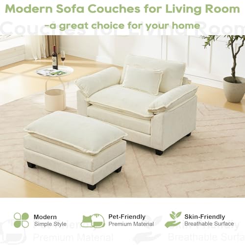 Image of 53 inch Modular Sectional Sofa, Comfy Deep Cloud Couch with Ottoman | Couches for Living Room, Sofa Bed, Modular Couch, Deep and Wide Seat, Chenille Sofa Sleeper with Throw Pillows, Beige White