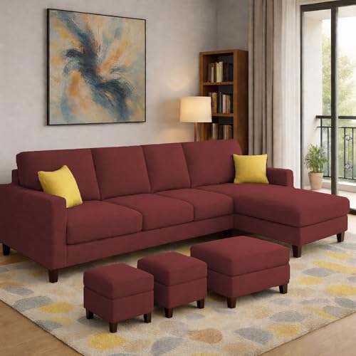 Image of Casaliving Rolando Seater L Shape Sofa Set for Living Room Right Side (Maroon, 6 Seater with Ottomon - RHS)