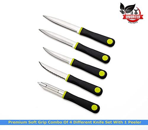 Image of Premium Soft Grip Stainless Steel Blade Knife Set with Peeler Combo Pack of 5 Multipurpose Kitchen Cutting Knives for Vegetables Fruits Utility Chopping and Slicing Tools