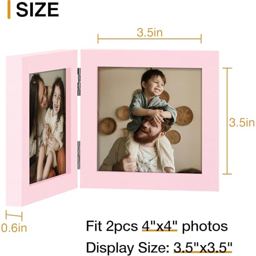 decorUhome Double 4x4 Picture Frame Vertical, Engineered Wood Bifold Photo Frame with Plexiglass for Tabletop Display, 4x4, Pink