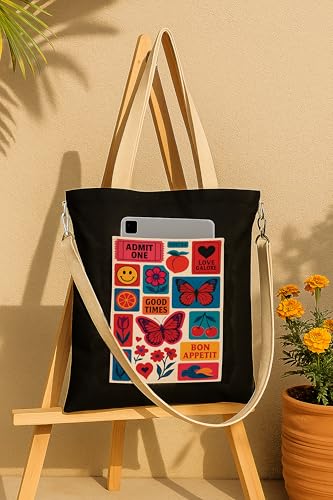 Image of ZORI Black Sling Tote Bag With Pocket and with Beige Straps, Tote Bags For Women large capacity,Tote bag For Shopping, College, Travel, More Canvas Handbag For Unisex