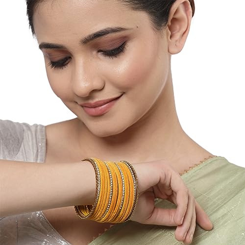 Image of ZENEME Gold-Plated Matte Finish Velvet White American Diamonds Studded Bangles Set Of 18 For Girls and Women