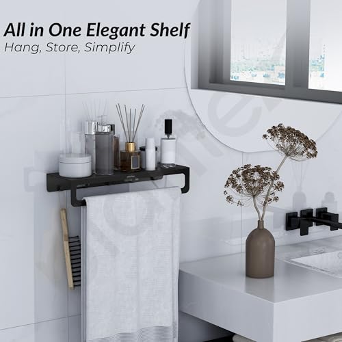 Image of Plantex Alloy Steel No Drill Bathroom Organiser /Self Adhesive Wall Mount Multipurpose Shelf /Rack /Towel Rod /Hooks for Bathroom - Pack of 1 (15 x 5 Inch, Black)