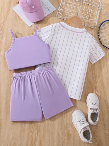 Image of Hilinker Girls Graphic 3 Piece Outfits Short Sleeve Striped Cardigan and Crop Cami with Shorts Set