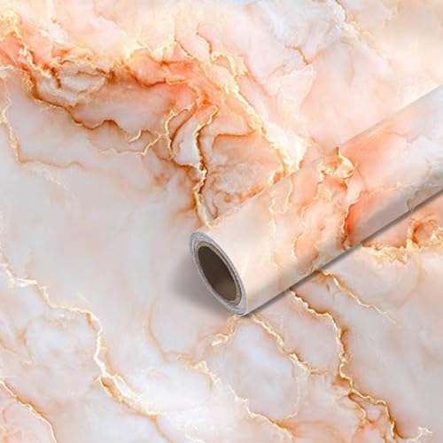 Image of Nuxovilar White Orange Marble Wallpaper Peel Stick Vinyl 15.75x39.37 | Stone Wrap, Liners, adhesive wallpaper, countertop contact paper, for bedroom, counter, table (Artistic Stone)